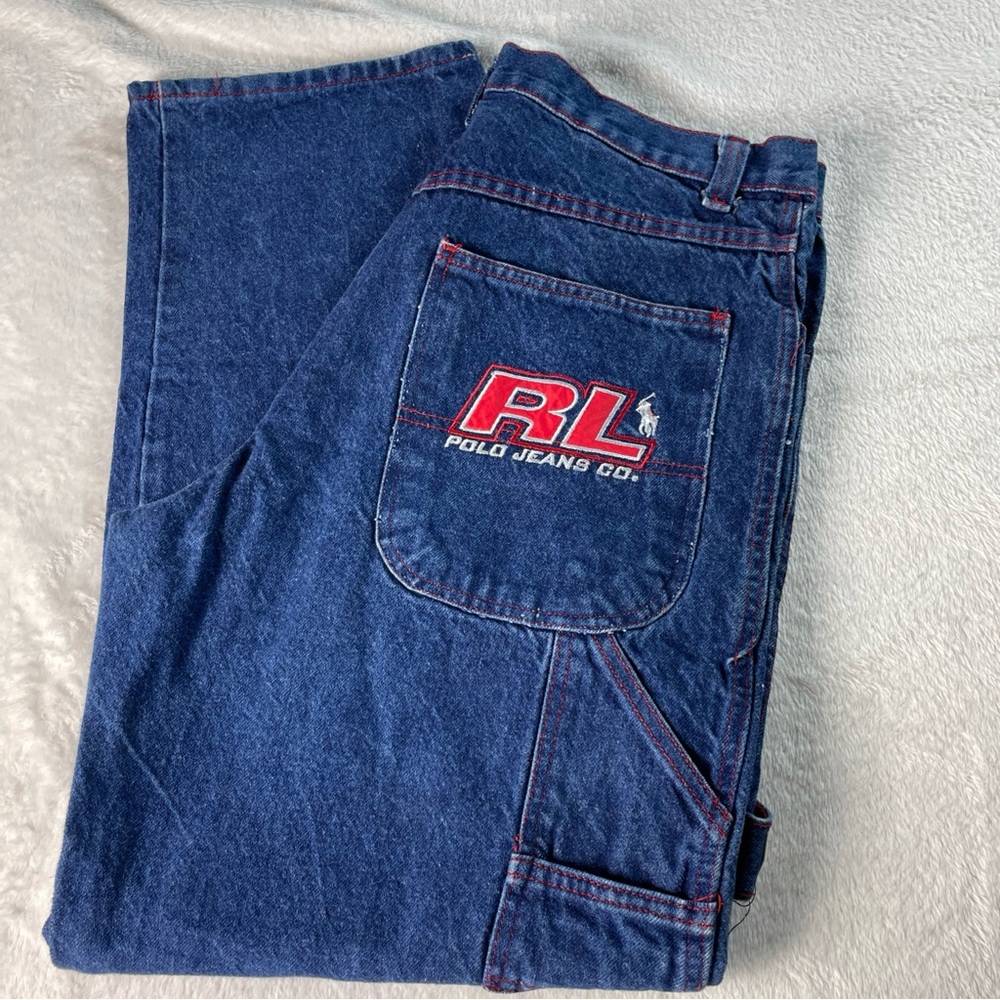 VTG Polo Ralph Lauren 90’s Relaxed Baggy Fit Carpenter Jeans Red Stitching 36X30